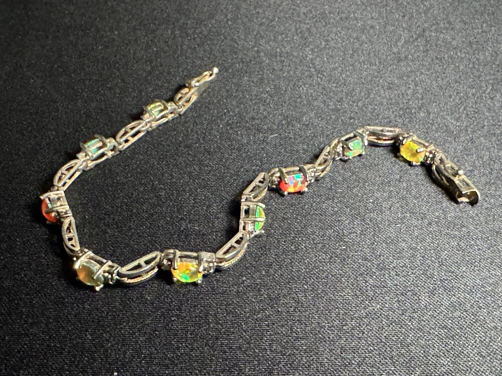 Vintage 925 Silver FAS 9 Fire Opal Gemstones Safety Clasp Bracelet